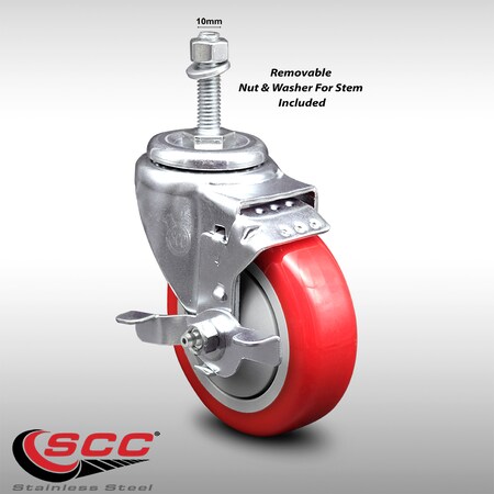 Service Caster 4 Inch SS Red Polyurethane Swivel 10mm Threaded Stem Caster with Brake SCC SCC-SSTS20S414-PPUB-RED-TLB-M1015